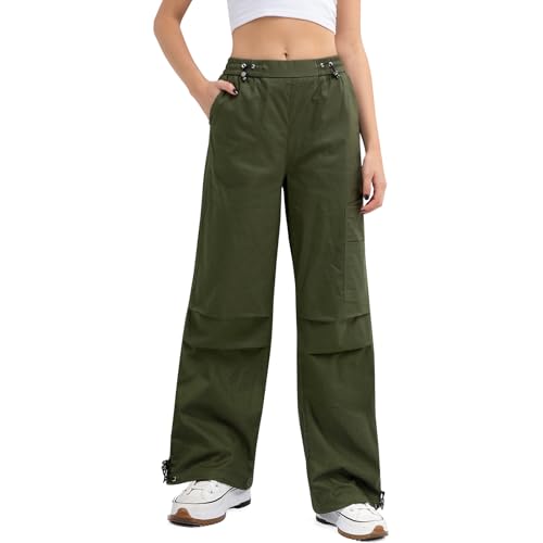 LACOFIA Pantalones Cargo Mujer con Multibolsillos Y2K Pantalón de Trabajo de Algodón con Cintura Elástica Cómodo y Transpirable Verde Militar S