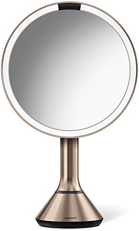 simplehuman Tabletop Mount 8" Round Sensor Makeup Mirror with Touch-Control Dual Light Settings, 5x Magnification, Rechargeable and Cordless, Rose Gold Stainless Steel