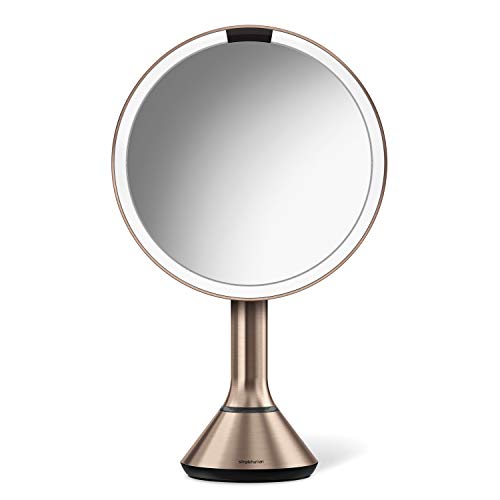 Simplehuman Tabletop Mount 8" Round Sensor Makeup Mirror With Touch-Control Dual Light Settings, 5X Magnification, Rechargeable And Cordless, Rose Gold Stainless Steel #TOP23