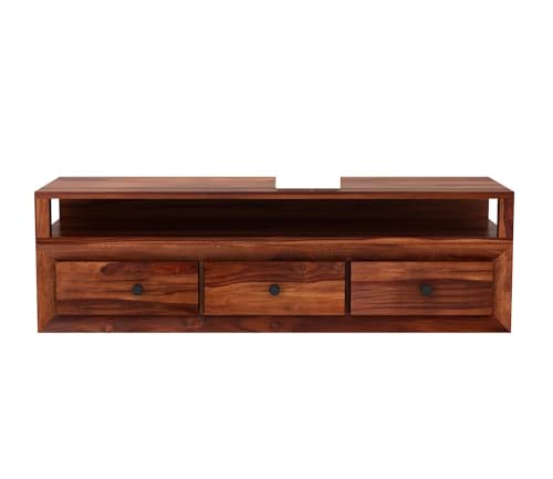 Image of Premium Sheesham Wood TV Unit with 3 Drawers and 1 Shelf Storage - Accommodates up to 55-Inch TVs - Perfect for Elegant Living Room Decor (Oliver, Honey Finish)
