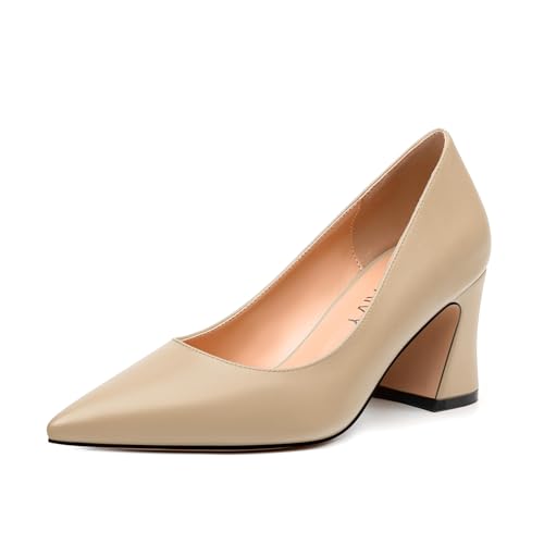 Women's Pumps, Pointed Toe Mid Chunky Heels, Slip On Fashion Solid Matte Pumps for Daily Working Wedding