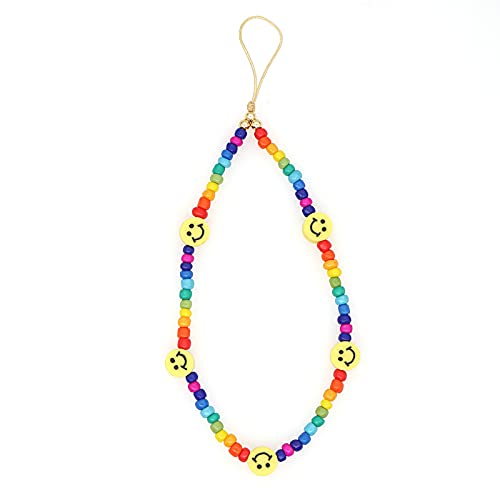 Beaded Phone Charms Strap for Women - Bohemian Smiley Face Beaded Phone Lanyards Evil Eye Bead Cell Phone Wrist Chain Y2K Jewelry for Teens Girls (Rainbow)