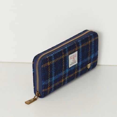 Image of Islander HarrisTweed & PU Leather women's long zip purse, Carry Cash & card, Scottish Style, Navy Tartan