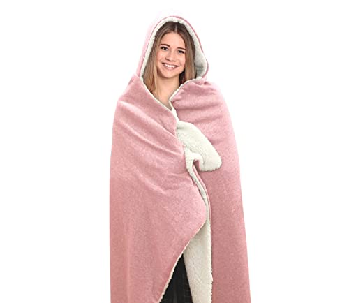 Posh Home Hooded Jersey Knit Reversible Sherpa Throw Blanket, 50" X 60" (Cotton Blend Blush) #TOP2
