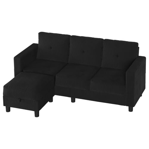 Image of Shintenchi 76 inch Modern Upholstered Sectional Sofa, L-Shaped Couch with Storage Ottoman and Reversible Chaise for Living Room, Carbon Black Corduroy Fabric