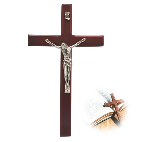 Sariputa Kreuz Kruzifix 20 × 11 5cm Wandkreuz Holzkreuz Wanddekoration Platin Holzkreuz mit Legierung Jesus Christus Katholische Wandkunst Kreuz für Kirche Zuhause Dekor Wohnzimmer-Wanddekoration