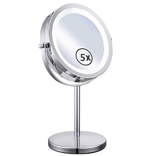 Preisvergleich Produktbild FACAI Vergrößerungs-Kosmetikspiegel Doppelseitiger beleuchteter Schminkspiegel 5-Fach Vergrößerungs-Kosmetikspiegel mit LED-Beleuchtung und EIN / Aus-Druckknopf für Reisen zu