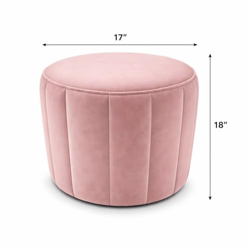Image of The Couch Cell | Round Velvet Ottoman Footstool | Pink Channel Tufted Pouf | Upholstered Ottoman Seating for Living Room Bedroom Home Decor