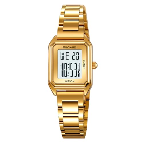 MASTOP Gold Digital Watch for Women Square Stainless Steel Waterproof LED Watch with Date Alarm Stopwatch Countdown (Gold White)