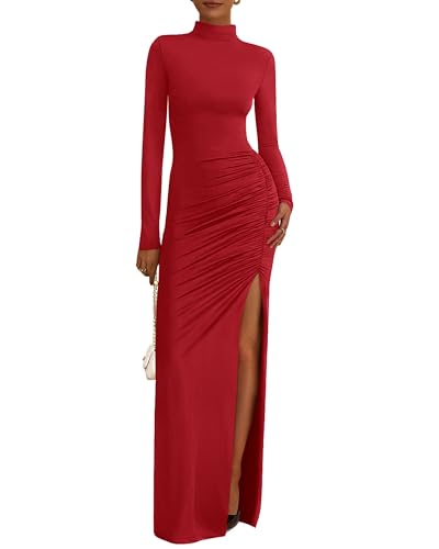 Formal dress for women with long sleeves and ruched bodycon slit maxi