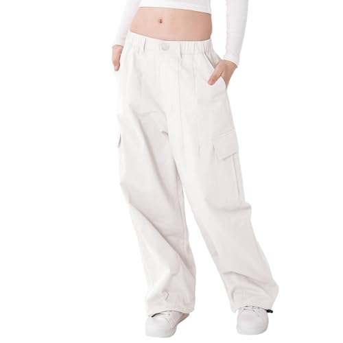Image of Rolanko Girls Cargo Pants Wide Leg Streetwear Kids Pants with Pockets Trendy Jogger Trousers 4-14 Years