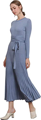 Image of Women's Long Sleeve Sweater Dress Ankle Length Fall Dress Vneck Knit Winter Dress