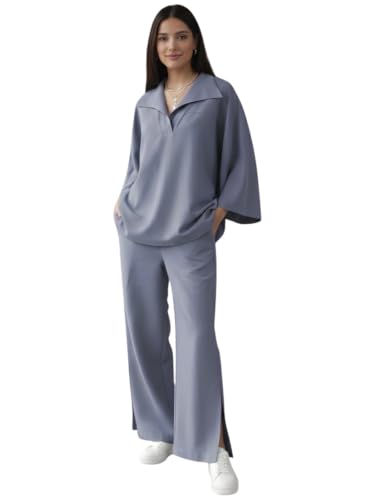 Image of GRECIILOOKS Co Ord Set for Women Stylish | Linen Chex Woman's Oversized Top and Wide Leg Pants Sets | Casual Travel Airport Outfit | Dress for Woman