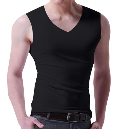 V Neck Sleeveless Shirt Mens Tank Top Slim Fit Stretch Gym Workout Muscle Tee Casual Summer Shirt for Teen Boys Black