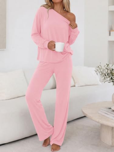Fisoew Womens 2 Piece Lounge Sets Off Shoulder Long Sleeve Top Flared Pants — view 4