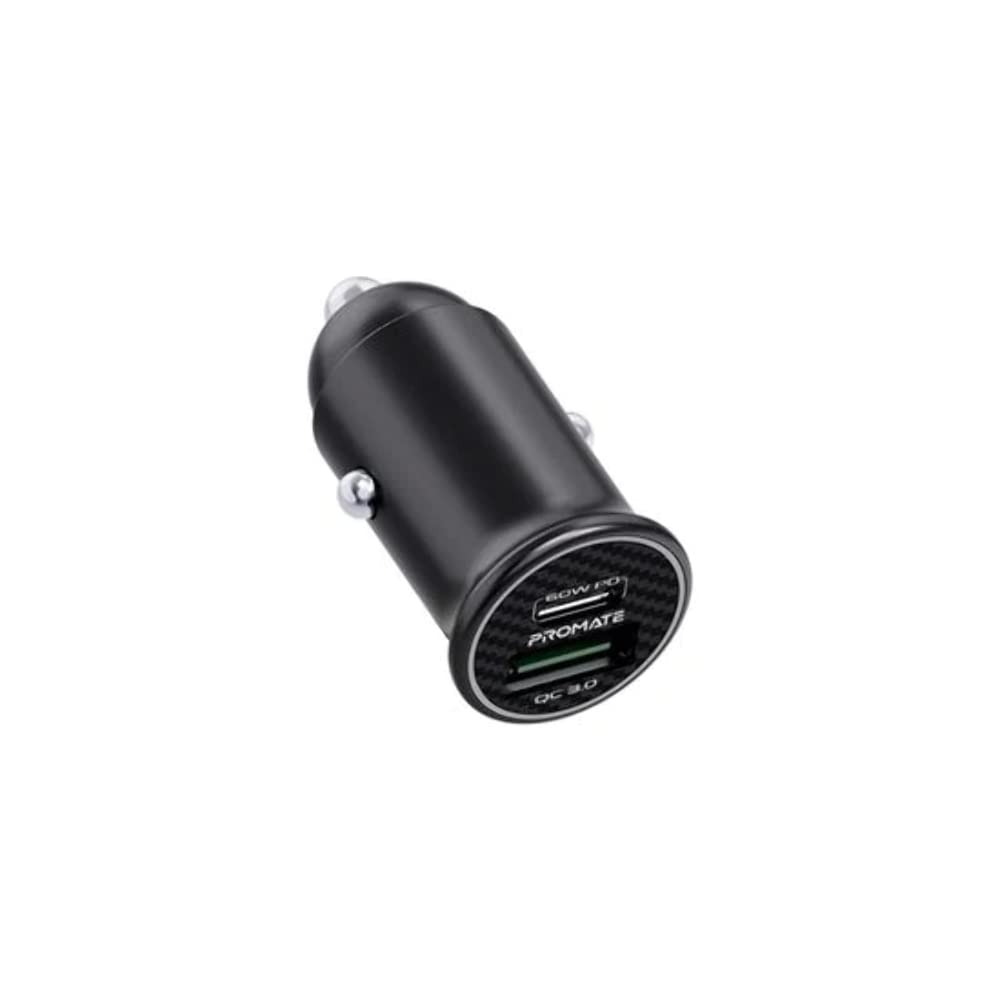 Promate 60W USB-C Car Charger, Super-Fast Type-C Power Delivery Car Charger with 18W Quick Charge 3.0 USB Port, Aluminum Alloy and Over Charging Protection for MacBook, Laptops, iPhone,GPS,Bullet-PD60
