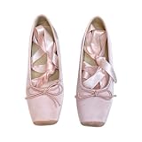Women's Satin Ballet Flats Bow Closed Square Toe Party Ballet Dress Shoes Women’s lace up Ballet Flats (Pink,9.5)