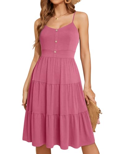 Image of YATHON Sundresses for Women Casual Summer Beach Sleeveless Spaghetti Strap Dress Button Down Ruffle Flowy Pleated Dresses