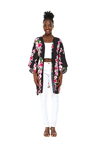 Matchable Couple Hawaiian Luau Shirt or Kimono in Pink Black Hibiscus Vine2