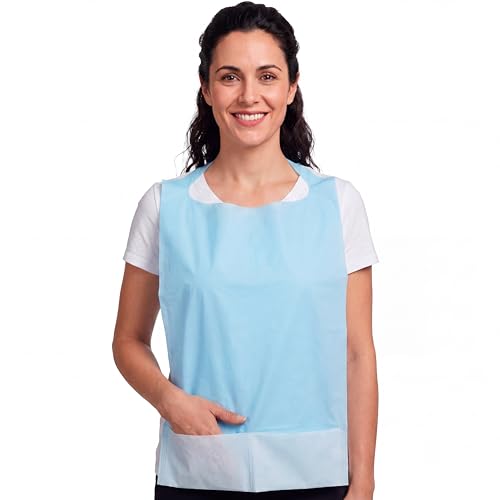 KMINA Bavoirs Jetables Bleus pour Adulte (100 Unités) 37 x 55 cm avec Poche Col Ouvert avec Liens Imperméables et Absorbants Taille Unique Sans Latex