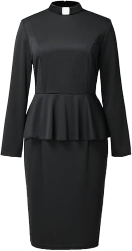 FAD-4U Church Clergy Dress for Women Minister Long Sleeve Ruffle Slim Pencil Dress with Tab Insert Stand Collar