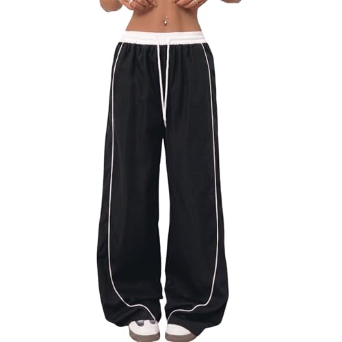 Image of Women's Baggy Loose Fit Wide Leg Track Pants | Elastic Waist Drawstring Casual Lounge Trousers with Side Stripe and Pockets