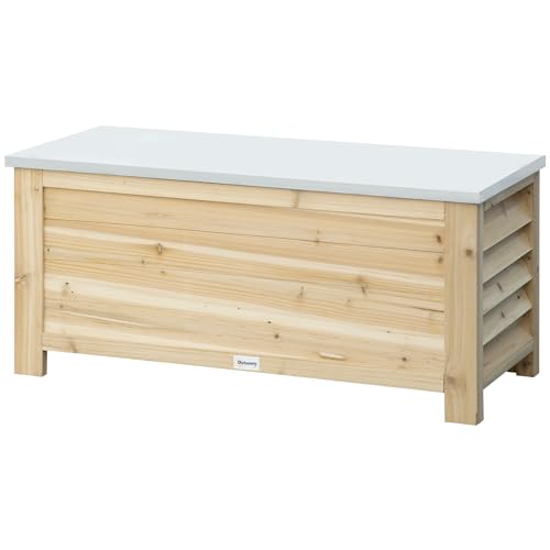 Outsunny Coffre de Jardin en Bois et Couvercle en métal galvanisé 155 L avec vérin Bois Naturel