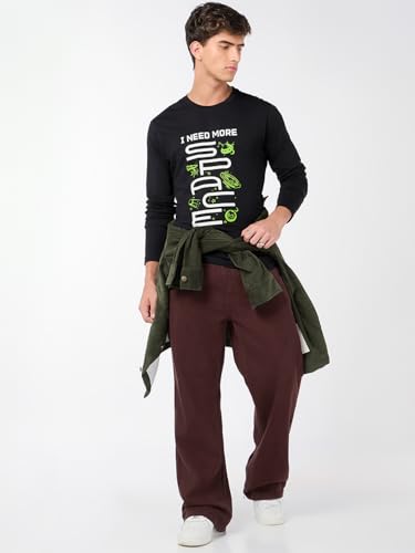 Image of Bewakoof Men's Graphic Print Regular Fit Full Sleeve Round Neck Pure Cotton T Shirt 689697 Black 2XL