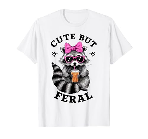 Cute But Feral Funny Colorful Racoon With Sunglasses Racoon T-Shirt, Small, White