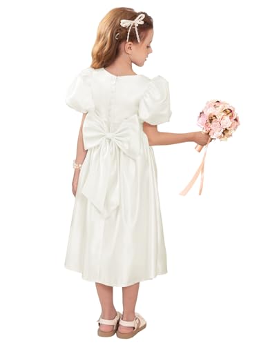 MCieloLuna Puffy Short Sleeve Satin Flower Girl Dresses Ankle Length A-Line Wedding Pageant Birthday Tutu Party Gowns