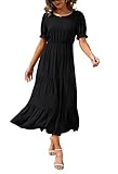 GRECERELLE Women Dress, Summer Casual Loose Round Neck Boho, Solid Color Ruffle Puff Sleeve, High Waist Midi Beach Dress