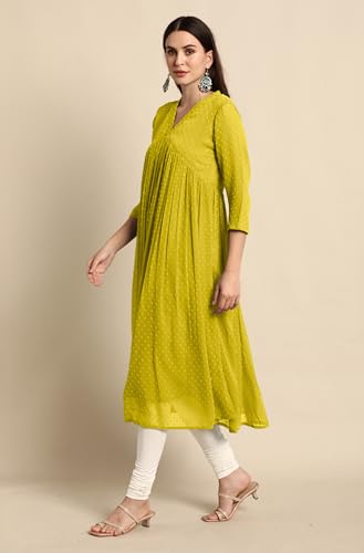 Image of Janasya Women's Dobby Chiffon Self Design Flared Kurta