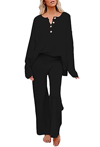 Image of Pink Queen Women's 2 Piece Fall Outfit Lounge Set Long Sleeve Button Pullover Sweater Matching Wide Leg Pants Knit Sweatsuit