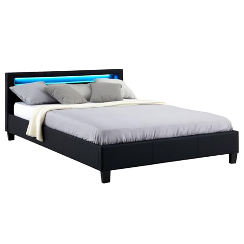 IDIMEX Lit LED Double 140x190 cm avec sommier, tête de lit Confortable, lit 1 Place revêtement synthétique Noir, Pinot