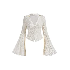 Verdusa Women’s Ruffled Bell Long Sleeve V Neck Button Down Blouse Shirt Top