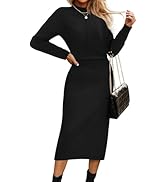 ShopWonder Vestido De Punto Ligero De Talla Grande, Manga Larga, Trajes De Otoño, A La Moda, Cuello En V, Dobladillo Con Abertura, Vestido Midi Casual, Negro -, XL