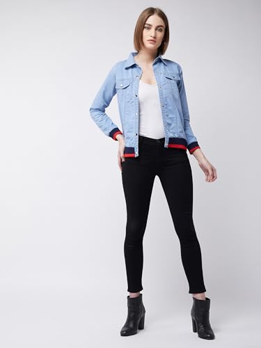 Image of Miss Chase Women's Polo Neck Full Sleeves Patch Pocket Denim Overcoat Knee-Length Jacket