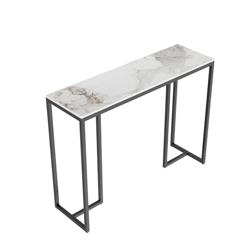 Console Table Hallway Sintered Stone: Consoles Desk 100x30x78.5 cm High Gloss Cold Jadeite White Marble Texture with Black Legs Narrow Tall Modern Sofa Side Tables Entryway Living Room