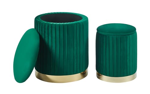 Set Di 2 Pouf Contenitore In Velluto Design Moderno Poggiapiedi,Sgabello Tondo con Coperchio Rimovibile e Seduta Imbottita Alta Densità Con Fascia In Metallo Capiente Storage Box - (Petrolio2)
