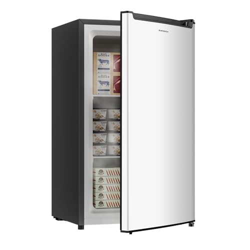 BANGSON 2.1 Cu.ft Upright Freezer, Compact Mini Freezer with Reversible Door, Adjustable Thermostat, Removable Shelves, Energy-Saving Small Freezer for Dorm/Office/Apartment, Silver