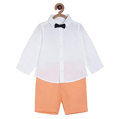 Image of miniklub Boys White & Orange Solid Shirt With Shorts