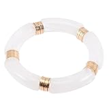 SHOWERORO Pulsera de Brazalete Vintage de Acrílico Blanco, Diseño Curvo Secciones de Bambú, Elástica y Ligera para Mujer, Joyería Cómoda para Uso Diario y Ocasiones Obsequios