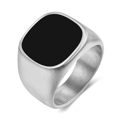 Image of Peora Silver Plated Stainless Steel Black Stone Studded Fancy Signet Ring for Men (US 9)