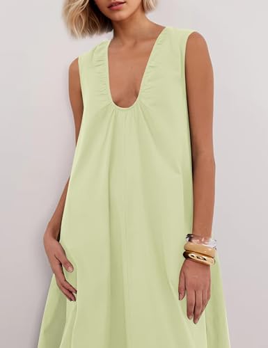 Image of Women Flowy Maxi Dress Ruched Sleeveless Long Dress Vacation Fashion Summer Casual Loose Fit Sundress with Pockets