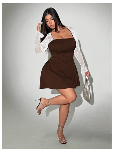 Image of Floerns Women's Plus Size Contrast Lace Sheer Long Sleeve A Line Dress Square Neck Mini Dresses