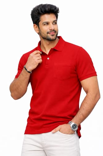 Image of Premium Pique Cotton Pocket Polo T-Shirt for Men | 210-220 GSM | Regular Fit | 2-Button Placket | Soft Breathable Fabric | XS-3XL