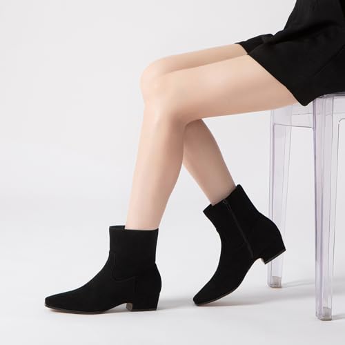 Athlefit Women's Chunky Low Heel Ankle Boots Fashion Black Suede Square Toe Short Booties with Side Zipper Size 8.5 by Athlefit - Used condition - Image 2