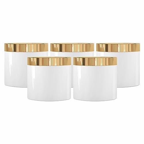 Image of Cosmetic Empty White PP Jar With Golden Top Lid Portable Refillable & Reusable Cosmetic Screw Cap Container for Gel, Scrub. Under Eye cream, Face Cream Lip Balm with Inner Lid 50gm Pack of 5