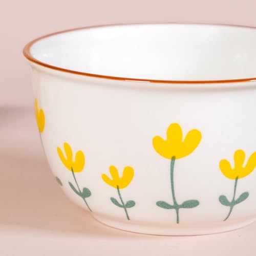 Image of Nestasia Ceramic Soup Bowl with Spoon Set of 4 (400ml Each) - Floral Microwave & Dishwasher Safe Bowl Set for Serving Soup, Curry, Custard, & Dessert - Perfect for Gifting & Daily Use (White & Yellow)