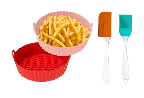 Image of Air Fryer Silicone Tray | Air Fryer Liners I Round Silicone Basket Baking Tray I Pot with Ear Handles I Nonstick Reusable Heat Resistant I Cooking Oven Insert Accessories (Pink + Red with Oil Brush)